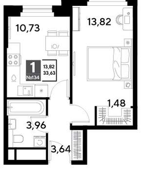 1-к квартира, строящийся дом, 34м2, 13/25 этаж