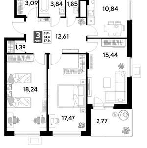3-к квартира, строящийся дом, 88м2, 10/25 этаж