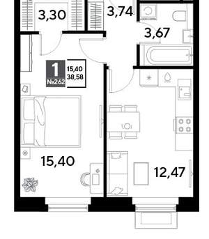 1-к квартира, строящийся дом, 39м2, 23/25 этаж