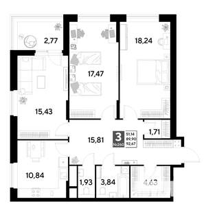 3-к квартира, строящийся дом, 93м2, 22/25 этаж
