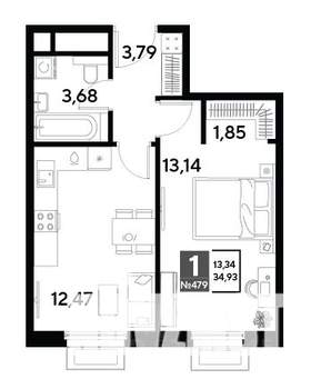 1-к квартира, строящийся дом, 35м2, 17/25 этаж