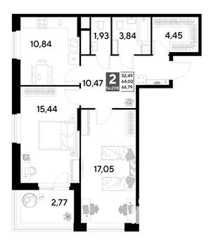 2-к квартира, строящийся дом, 67м2, 24/25 этаж