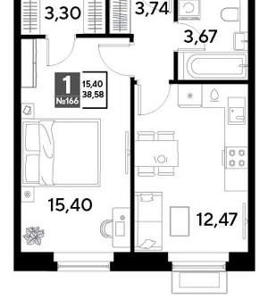 1-к квартира, строящийся дом, 39м2, 15/25 этаж