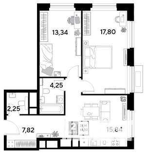 2-к квартира, строящийся дом, 61м2, 18/25 этаж