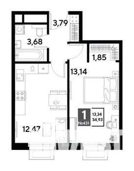 1-к квартира, строящийся дом, 35м2, 13/25 этаж