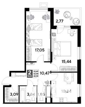 2-к квартира, строящийся дом, 65м2, 4/25 этаж