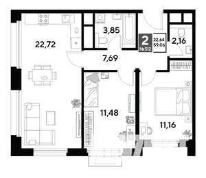 2-к квартира, строящийся дом, 59м2, 20/25 этаж