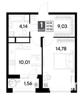 1-к квартира, строящийся дом, 40м2, 22/25 этаж