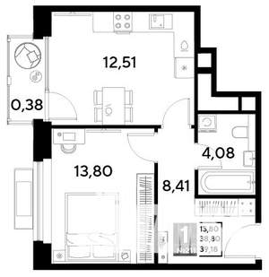 1-к квартира, строящийся дом, 39м2, 19/25 этаж