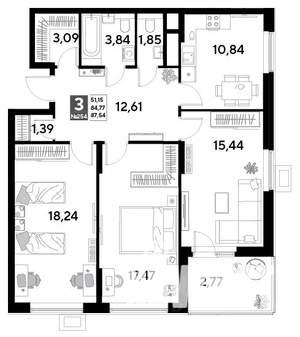 3-к квартира, строящийся дом, 88м2, 21/25 этаж