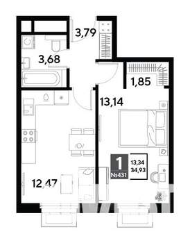 1-к квартира, строящийся дом, 35м2, 13/25 этаж