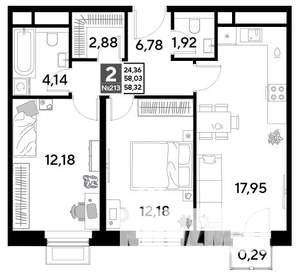 2-к квартира, строящийся дом, 58м2, 19/25 этаж