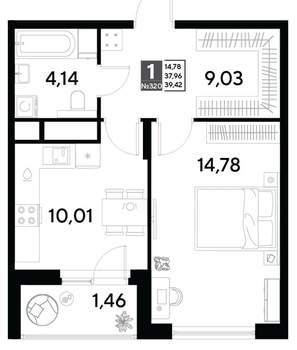 1-к квартира, строящийся дом, 39м2, 2/25 этаж