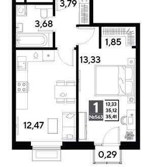 1-к квартира, строящийся дом, 35м2, 24/25 этаж