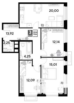 3-к квартира, строящийся дом, 80м2, 21/25 этаж