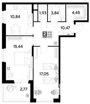 2-к квартира, строящийся дом, 67м2, 3/25 этаж