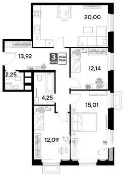 3-к квартира, строящийся дом, 80м2, 19/25 этаж