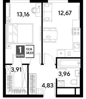 1-к квартира, строящийся дом, 39м2, 18/25 этаж