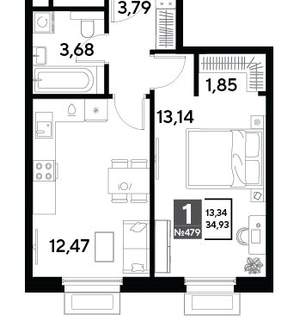 1-к квартира, строящийся дом, 35м2, 17/25 этаж
