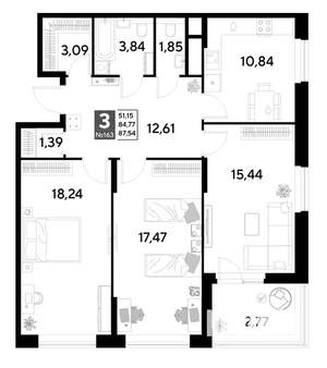 3-к квартира, строящийся дом, 88м2, 14/25 этаж