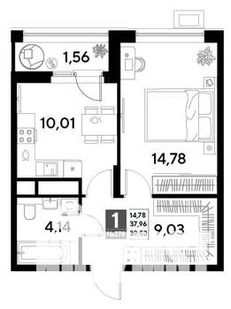 1-к квартира, строящийся дом, 40м2, 23/25 этаж