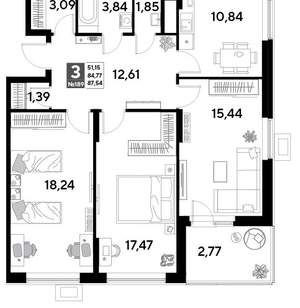 3-к квартира, строящийся дом, 88м2, 16/25 этаж