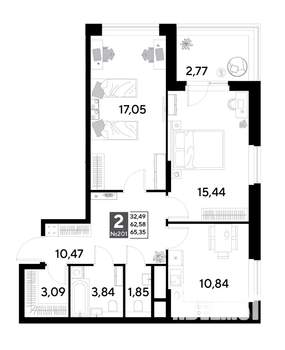 2-к квартира, строящийся дом, 65м2, 17/25 этаж