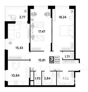 3-к квартира, строящийся дом, 93м2, 11/25 этаж
