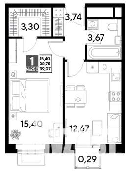 1-к квартира, строящийся дом, 39м2, 22/25 этаж