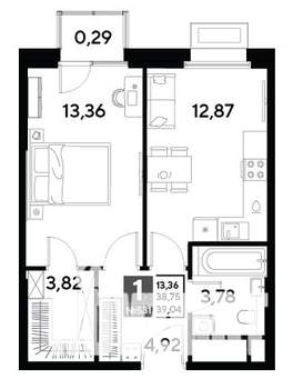 1-к квартира, строящийся дом, 39м2, 22/25 этаж