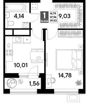 1-к квартира, строящийся дом, 40м2, 20/25 этаж