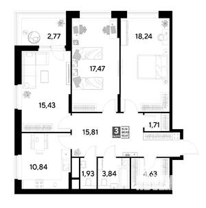 3-к квартира, строящийся дом, 93м2, 18/25 этаж