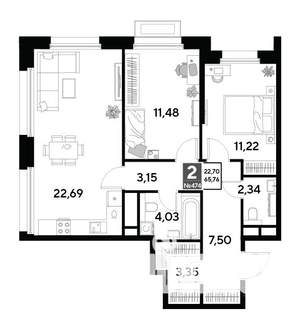 2-к квартира, строящийся дом, 66м2, 17/25 этаж