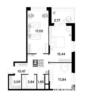 2-к квартира, строящийся дом, 65м2, 20/25 этаж