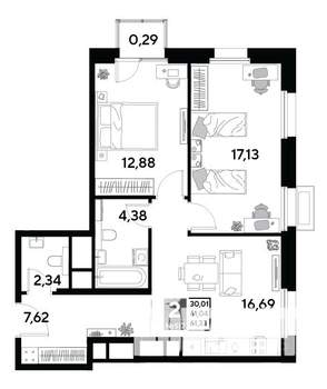 2-к квартира, строящийся дом, 61м2, 21/25 этаж
