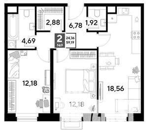2-к квартира, строящийся дом, 59м2, 2/25 этаж
