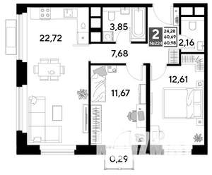 2-к квартира, строящийся дом, 61м2, 20/25 этаж