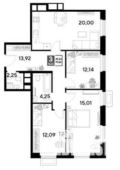 3-к квартира, строящийся дом, 80м2, 4/25 этаж