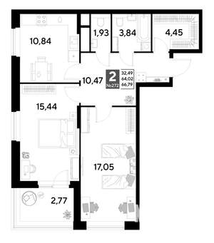 2-к квартира, строящийся дом, 67м2, 22/25 этаж