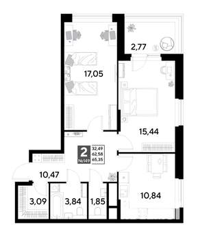 2-к квартира, строящийся дом, 65м2, 13/25 этаж