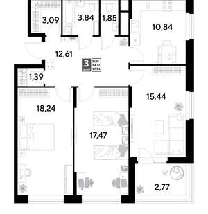 3-к квартира, строящийся дом, 88м2, 25/25 этаж