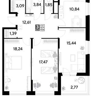 3-к квартира, строящийся дом, 88м2, 3/25 этаж