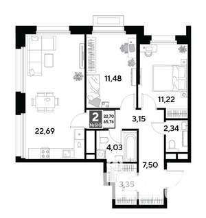 2-к квартира, строящийся дом, 66м2, 20/25 этаж