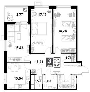 3-к квартира, строящийся дом, 93м2, 5/25 этаж