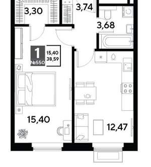 1-к квартира, строящийся дом, 39м2, 23/25 этаж