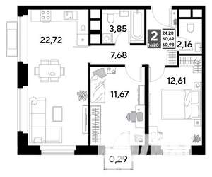 2-к квартира, строящийся дом, 61м2, 3/25 этаж