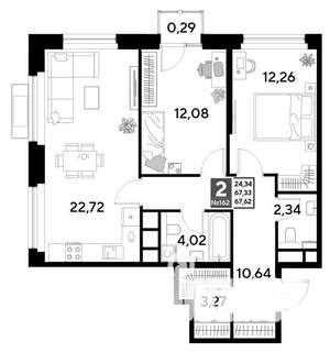 2-к квартира, строящийся дом, 68м2, 15/25 этаж