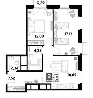 2-к квартира, вторичка, 61м2, 17/25 этаж