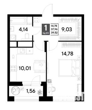1-к квартира, строящийся дом, 40м2, 9/25 этаж
