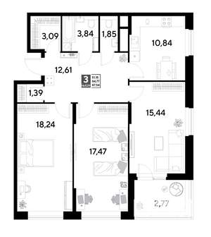 3-к квартира, строящийся дом, 88м2, 19/25 этаж
